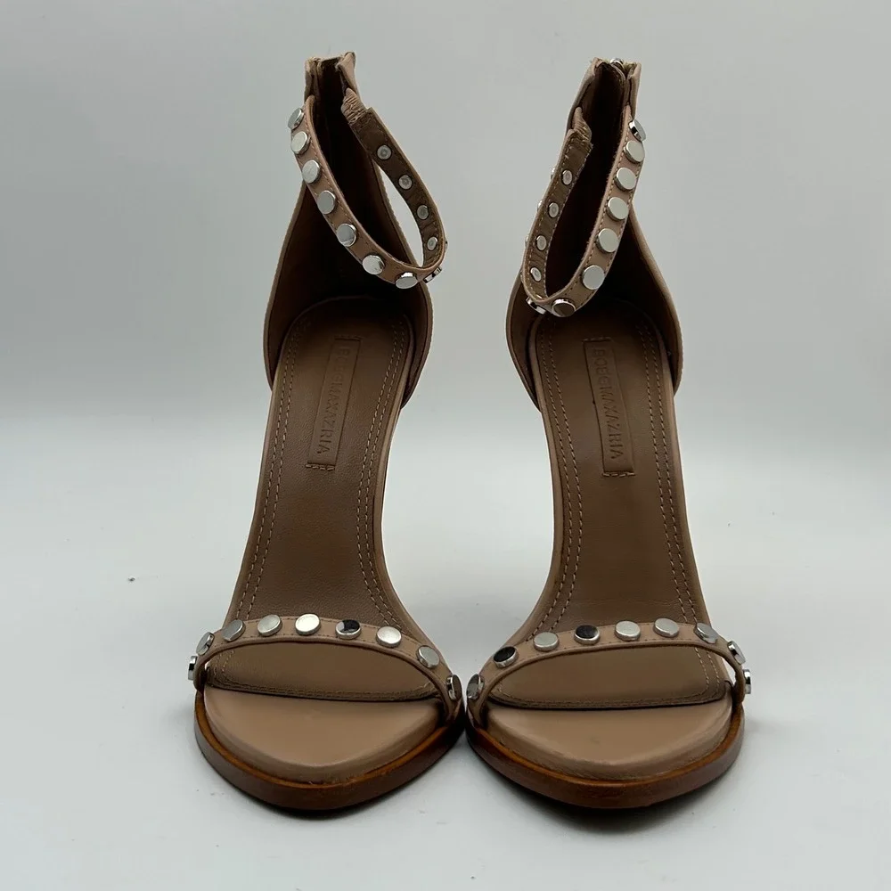 BCBGMAXAZRIA Marie Sandals Womens 7.5 Tan Studded Leather Stiletto Edgy Chic